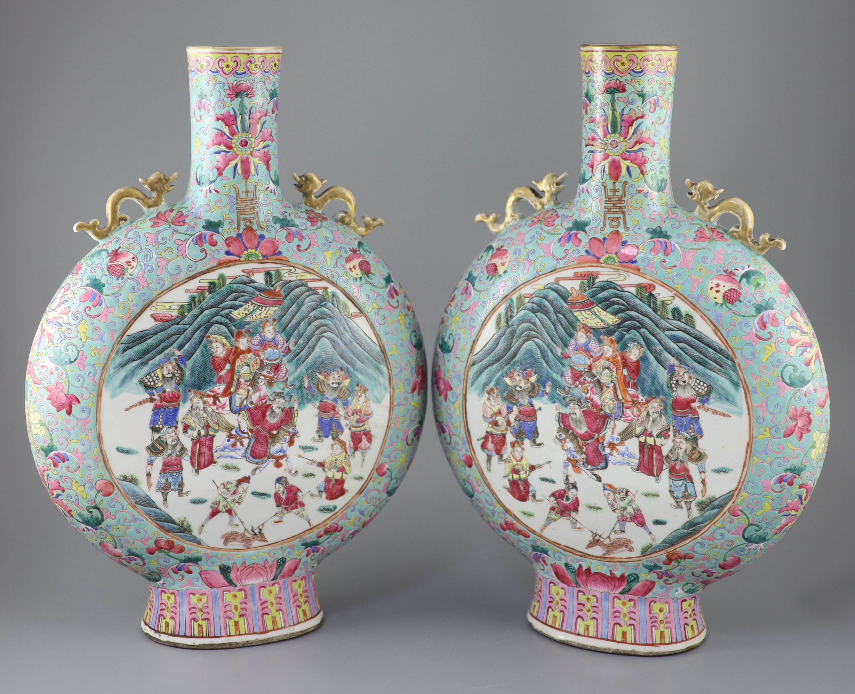 A pair of large Chinese turquoise ground famille rose moon flasks, Tongzhi seal mark and of the period (1862-74), 51cm high, Provenance